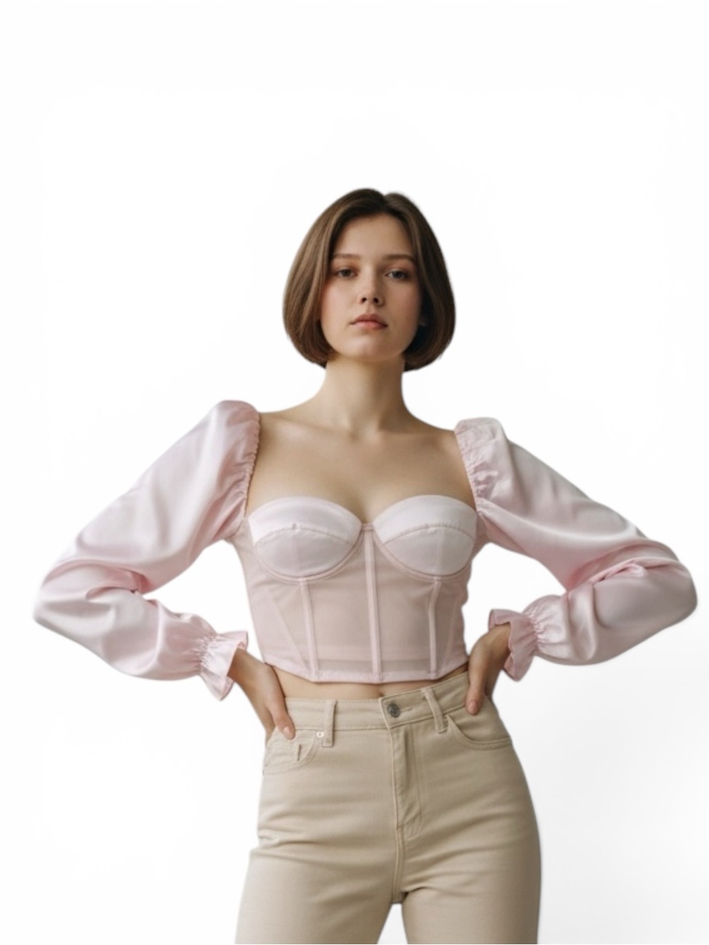 Satin Puff-Sleeve Corset Crop Top in Light Pink